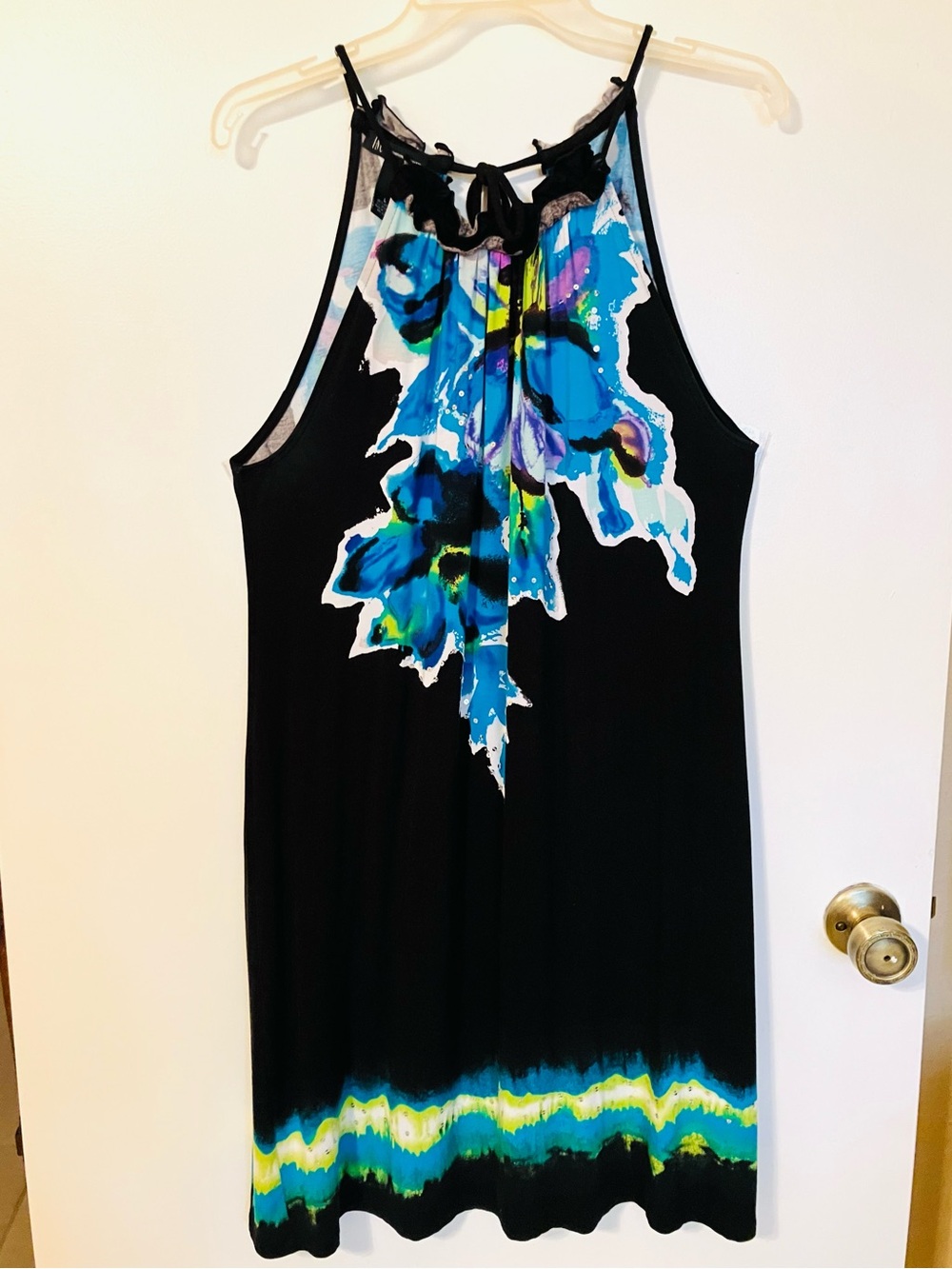 INC International Concepts Womens Size L Black Blue Floral Halter Knit Dress